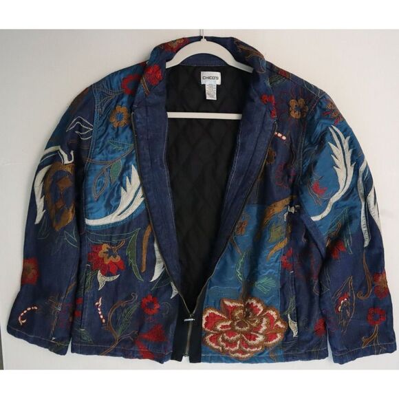 Chico's Women's Sz 2 (L/12) Multi Floral Embroidered Lined Denim Jacket $159 - Picture 12 of 15